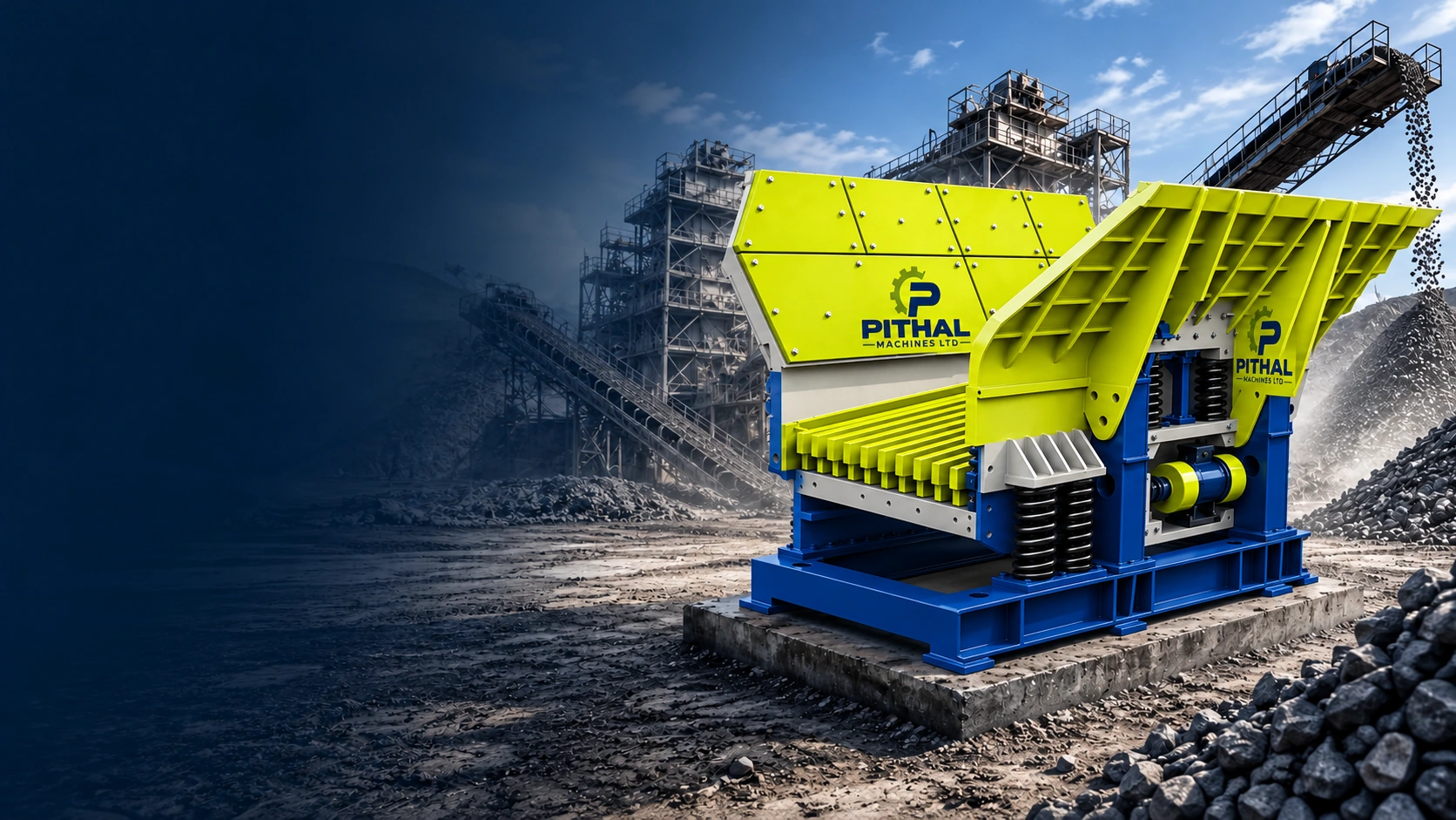 Pithal vibrating feeder feeding rock into a crushing plant